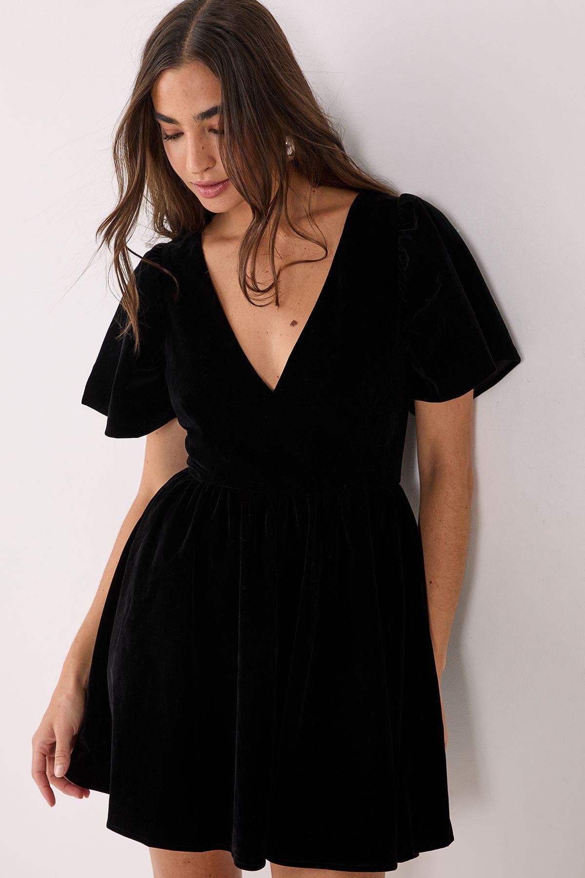 Velvet Puff Sleeve Plunge Skater Mini Dress by NASTYGAL