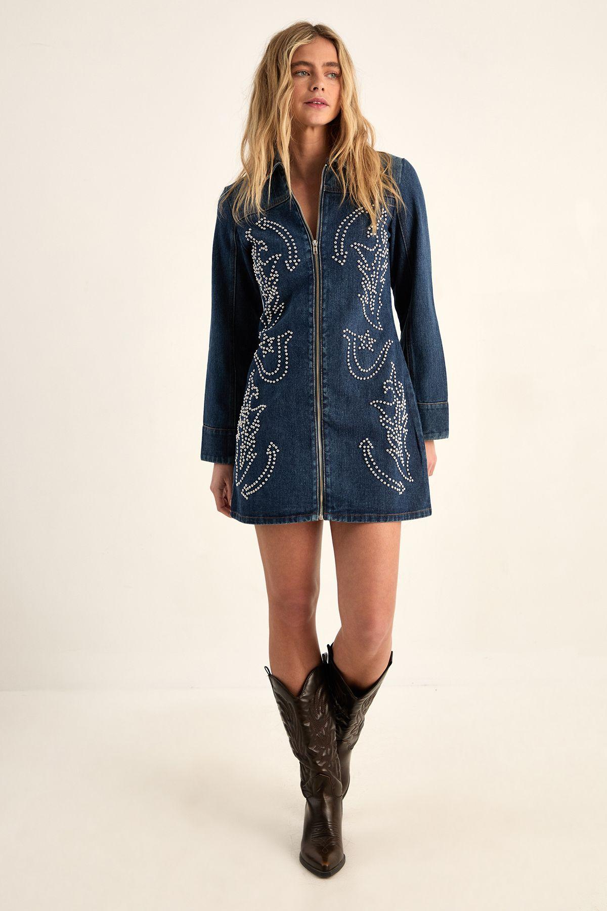 Western Studded Zip Front Denim Mini Dress by NASTYGAL