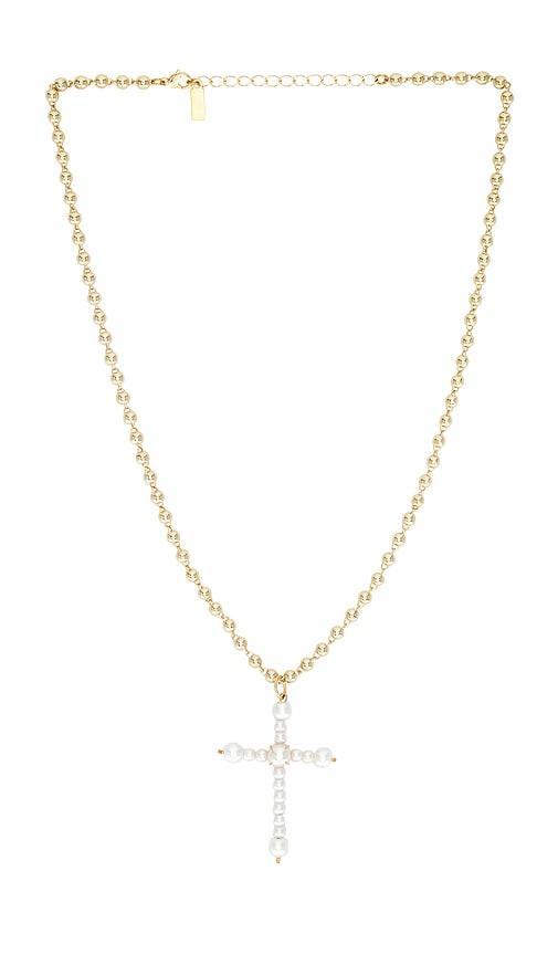 Natalie B Jewelry Charity Pearl Cross Necklace in Metallic Gold by NATALIE B JEWELRY