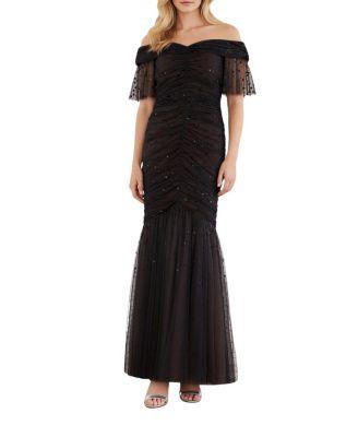 Dappled Sequin Rouched Off-Shoulder Gown by NEEDLE&THREAD