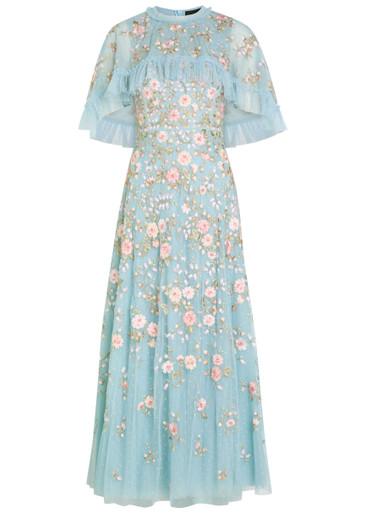 Eden Rose embroidered cape-effect tulle gown by NEEDLE&THREAD
