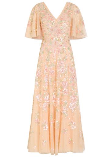 Sequin Bouquet embellished cape-effect tulle gown by NEEDLE&THREAD