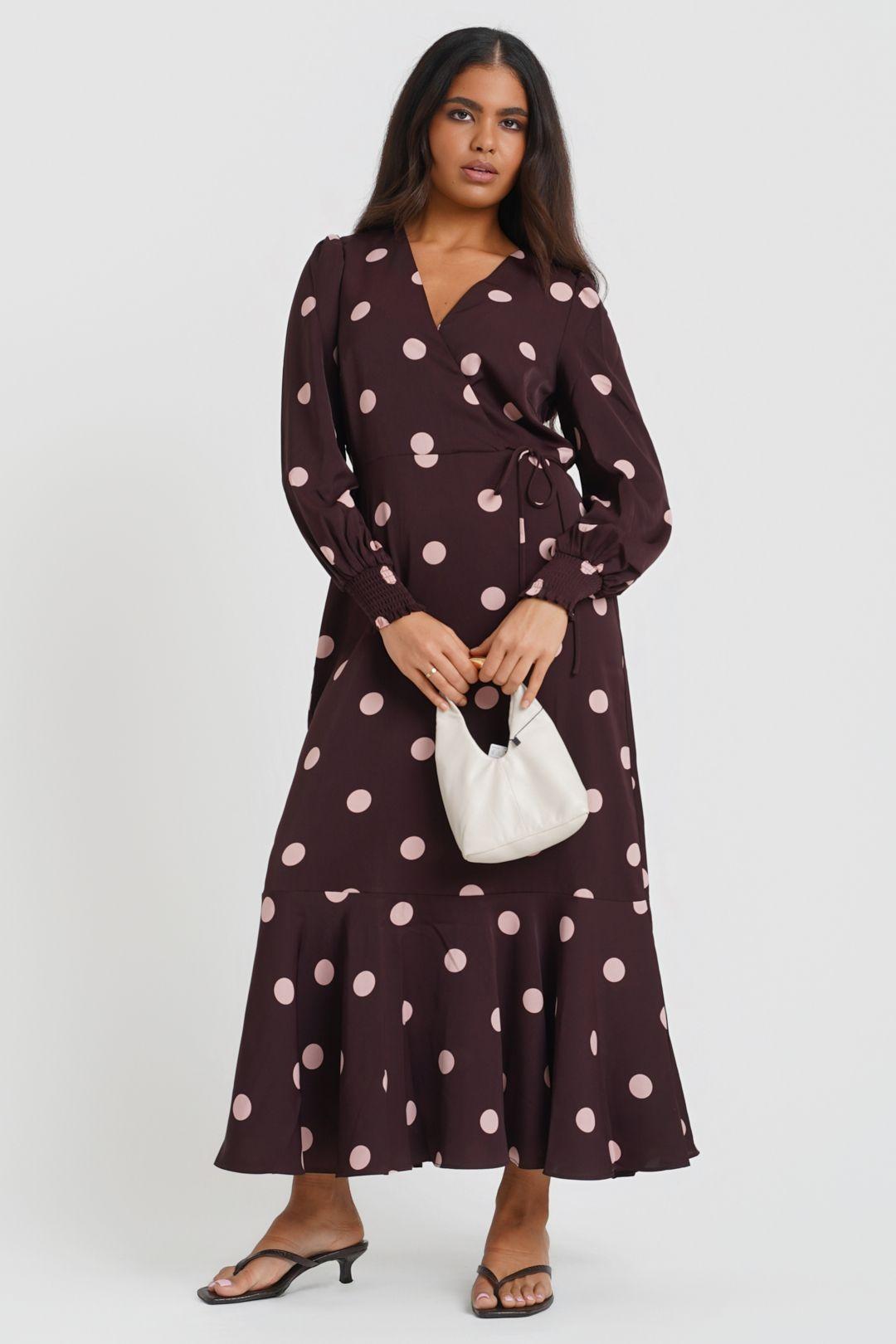 Berry Polka Dot Long Sleeve Wrap Midi Dress by NEEDS NO LABEL