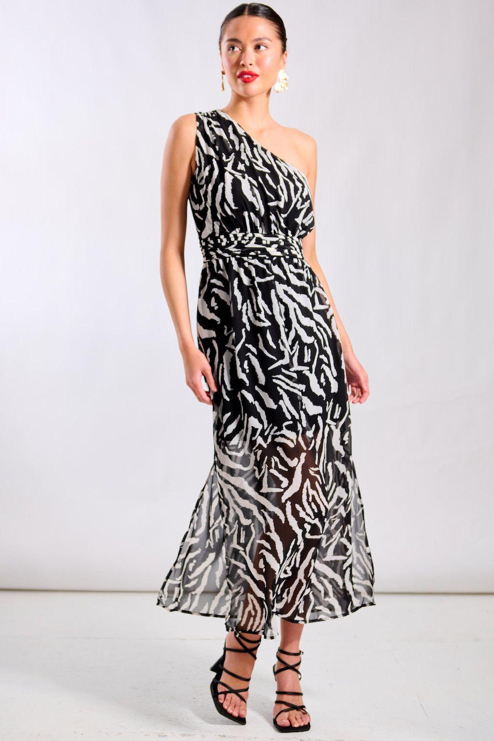 Black Animal One Shoulder Midi Dress by NEEDS NO LABEL