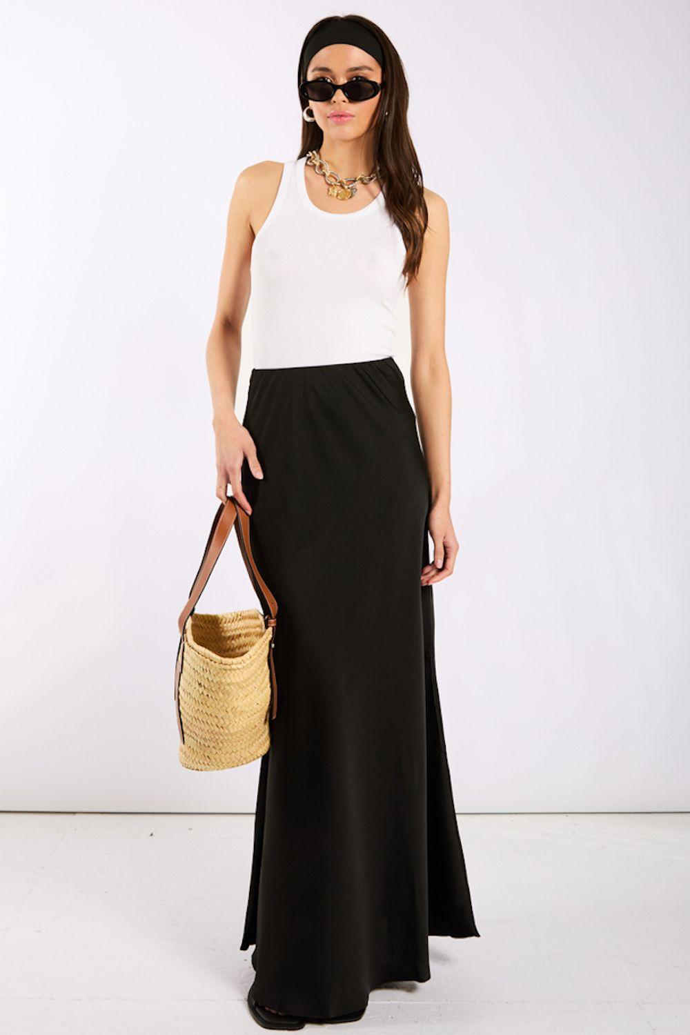 Black Satin Maxi Slip Skirt by NEEDS NO LABEL