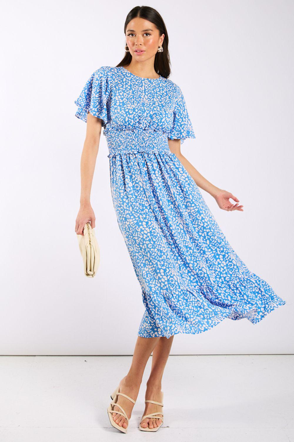 Blue Animal Smock Waisted Midi Dress by NEEDS NO LABEL