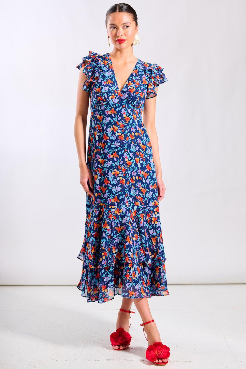 Blue Floral Ruffle Midi Dress by NEEDS NO LABEL