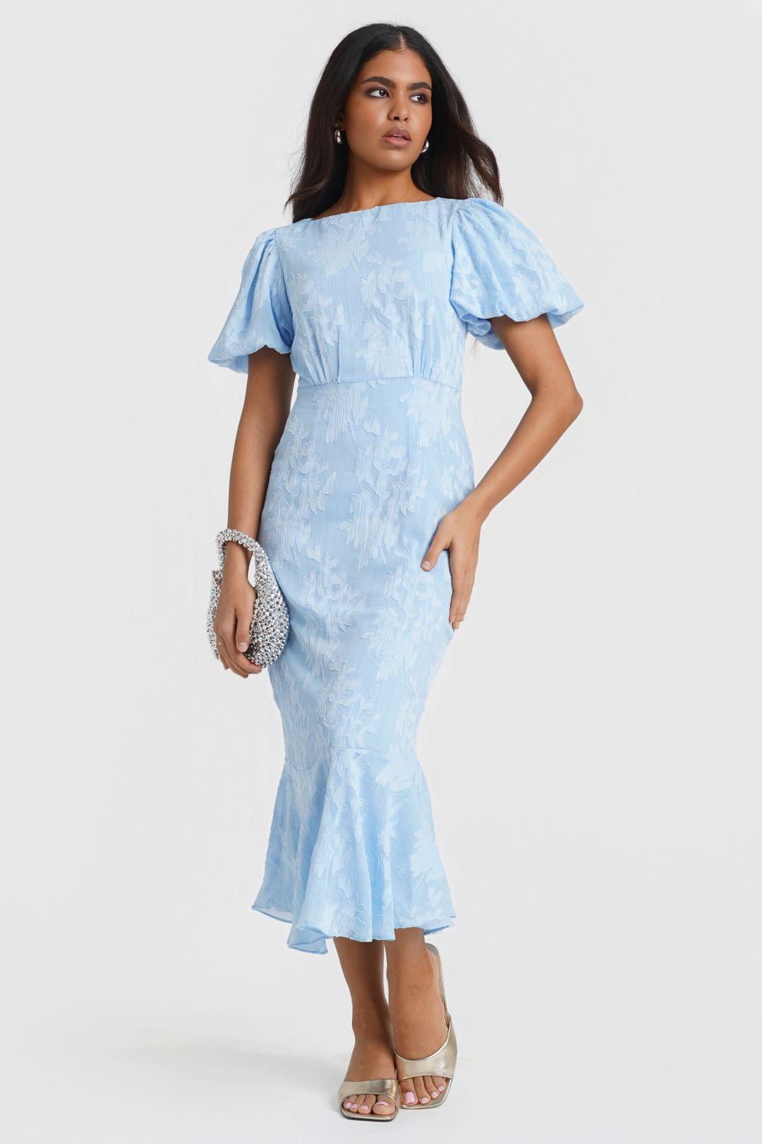 Blue Jacquard Shimmer Puff Sleeve Midi Dress by NEEDS NO LABEL Blue Jacquard Shimmer Puff Sleeve Midi Dress by NEEDS NO LABEL