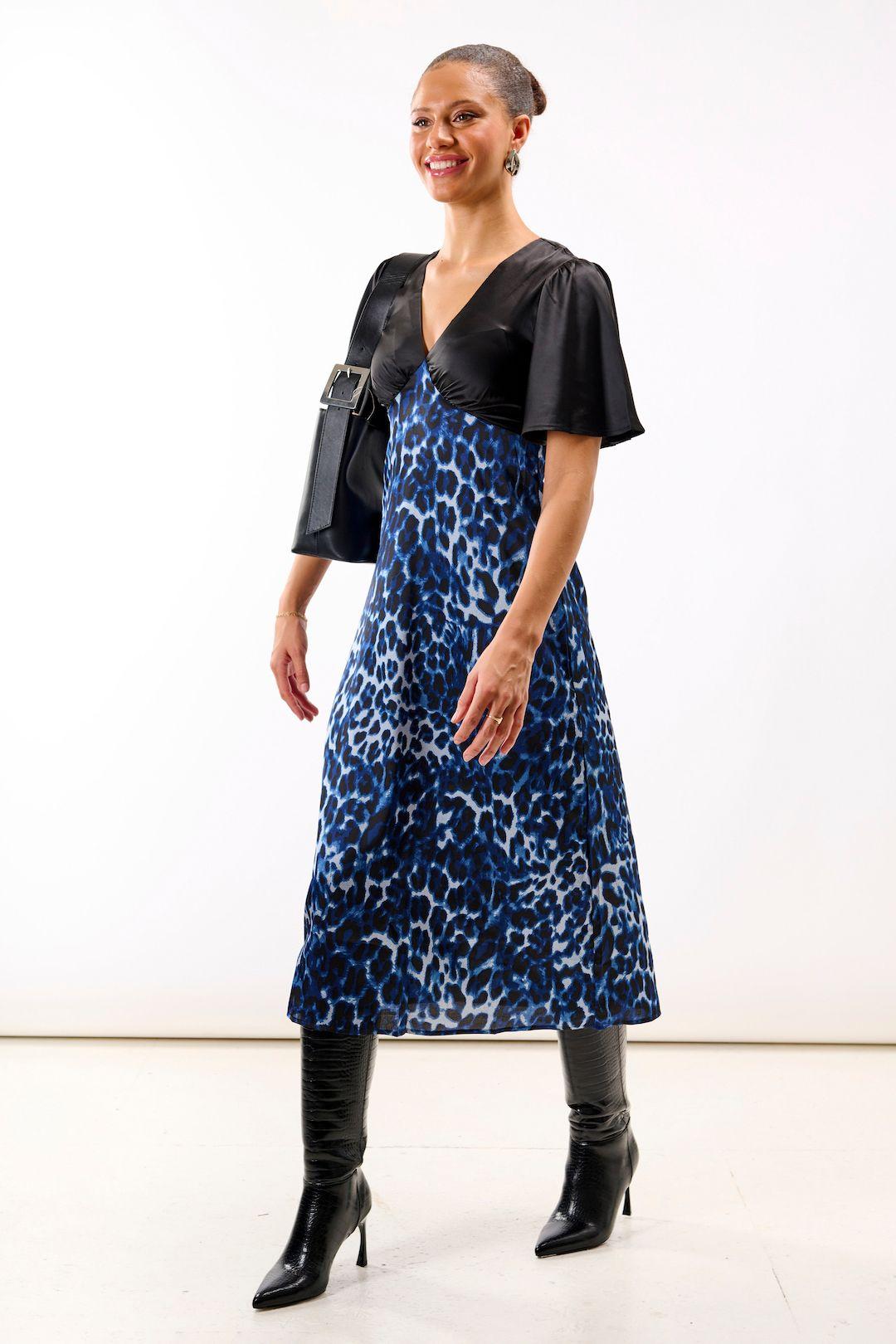 Blue Leopard Printed Satin Midi Dress by NEEDS NO LABEL