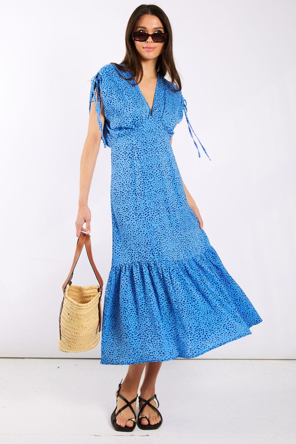 Blue Leopard Ruched Midi Dress by NEEDS NO LABEL