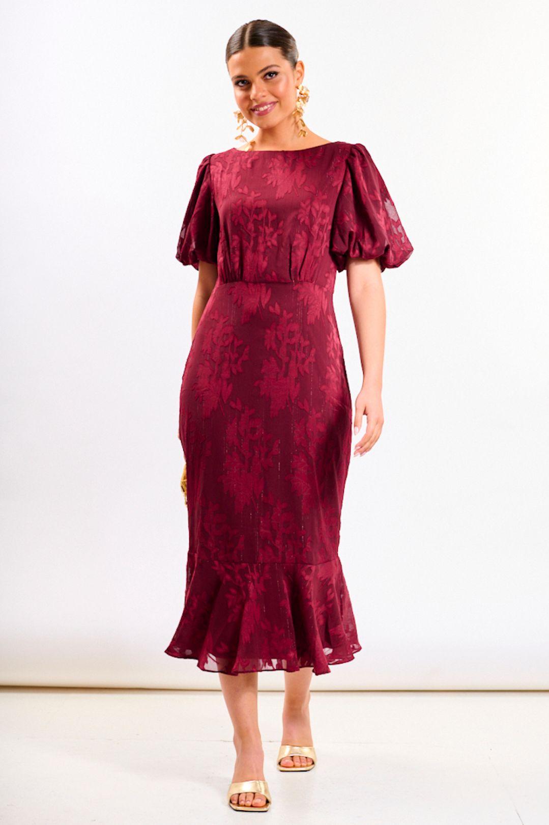 Burgundy Shimmer Puff Sleeve Midi Dress by NEEDS NO LABEL Burgundy Shimmer Puff Sleeve Midi Dress by NEEDS NO LABEL
