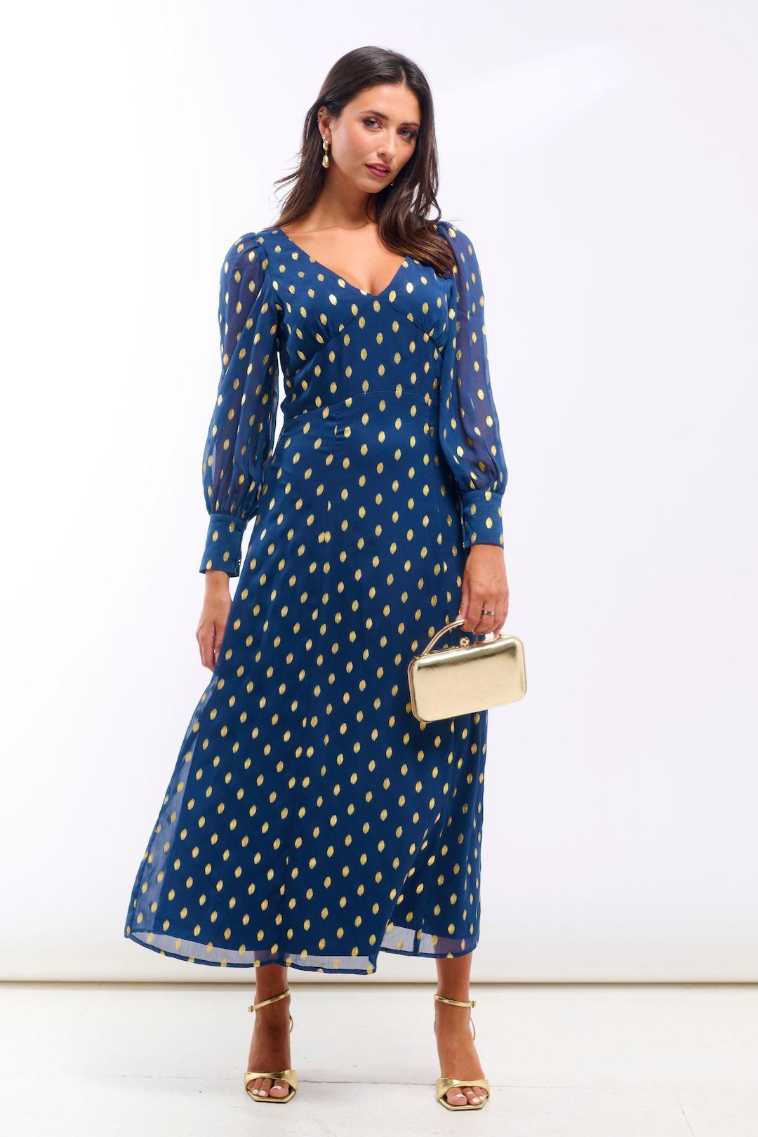 Dark Blue Long Sleeve Foil Plunge Midi Dress by NEEDS NO LABEL