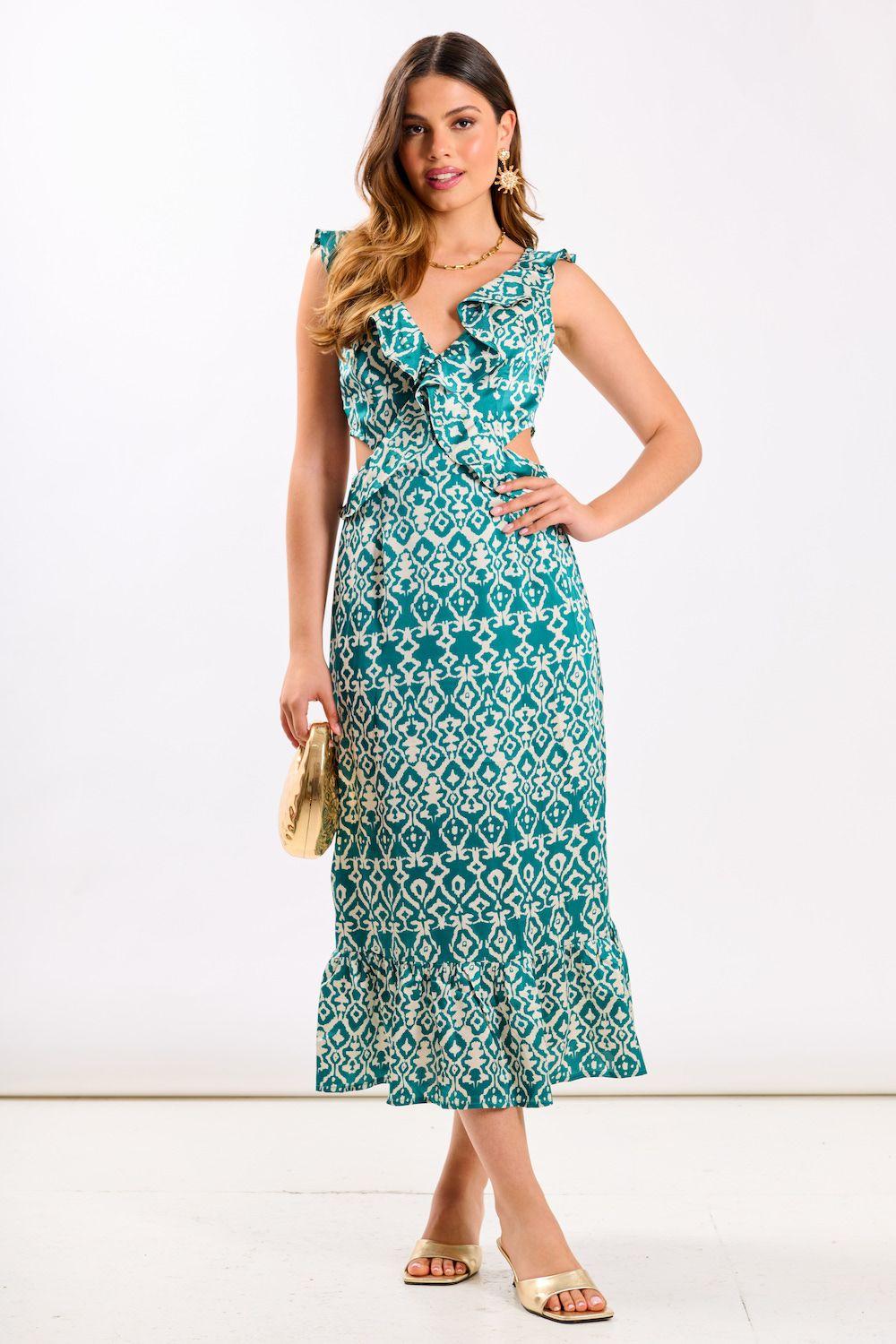 Green Ikat Ruffle Cutout Midi Dress by NEEDS NO LABEL