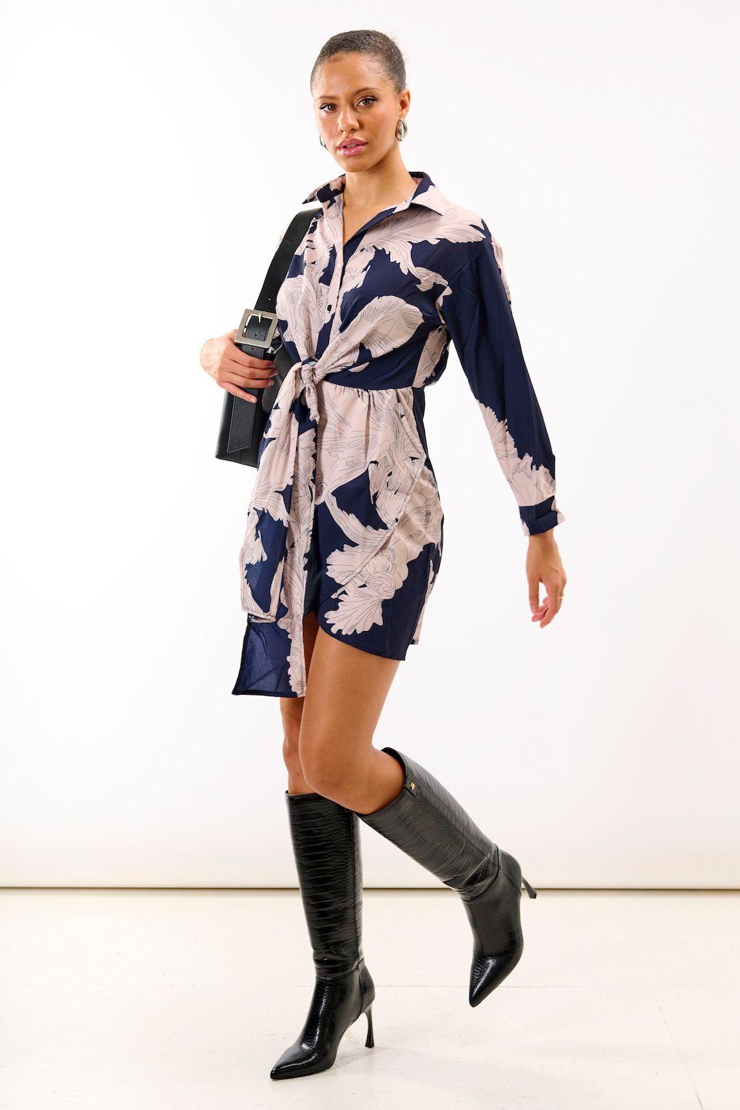 Navy Leaf Tie Front Shirt Dress by NEEDS NO LABEL