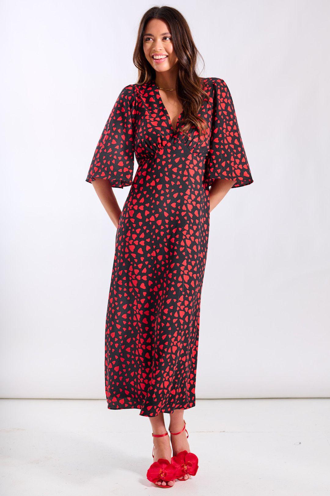 Red Heart Printed Midi Dress by NEEDS NO LABEL