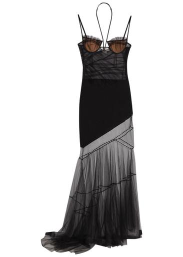 Asymmetric panelled mesh maxi dress by NENSI DOJAKA