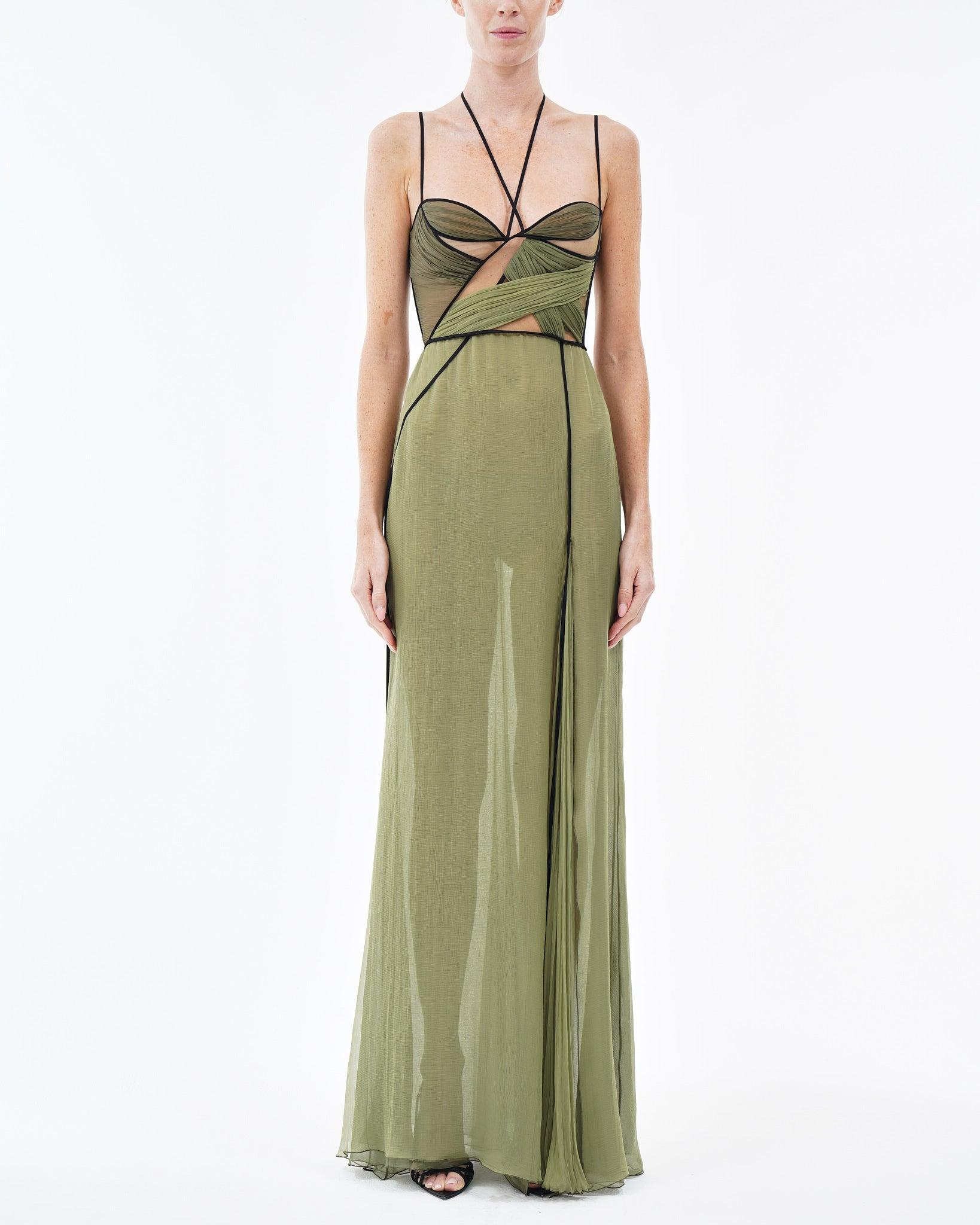 MAE CORSET DRAPED GOWN in OLIVE by NENSI DOJAKA