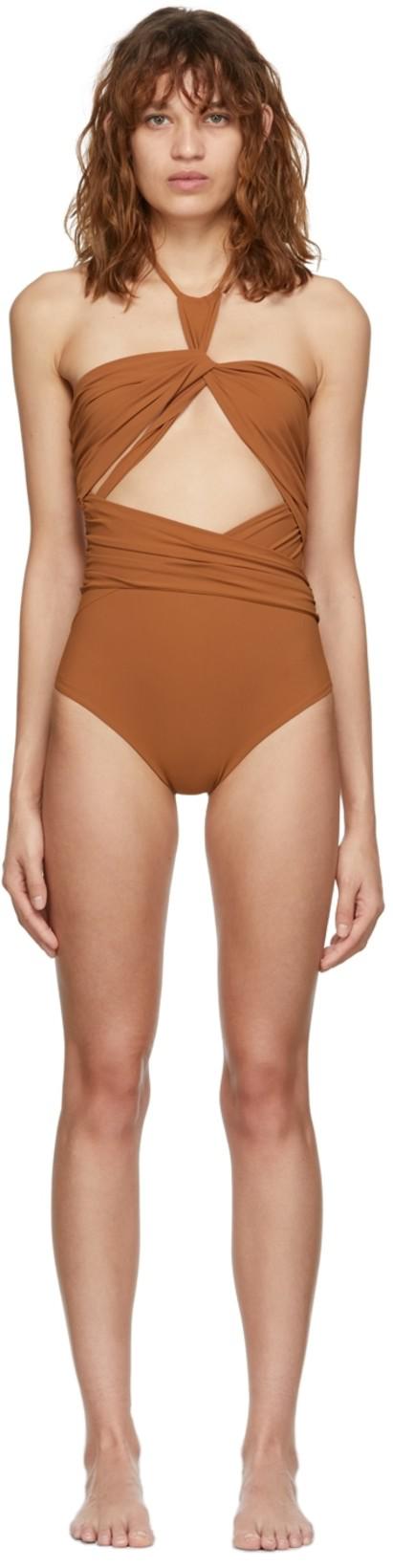 SSENSE Exclusive Brown Plunging Knot Draped One-Piece Swimsuit by NENSI DOJAKA SSENSE Exclusive Brown Plunging Knot Draped One-Piece Swimsuit by NENSI DOJAKA