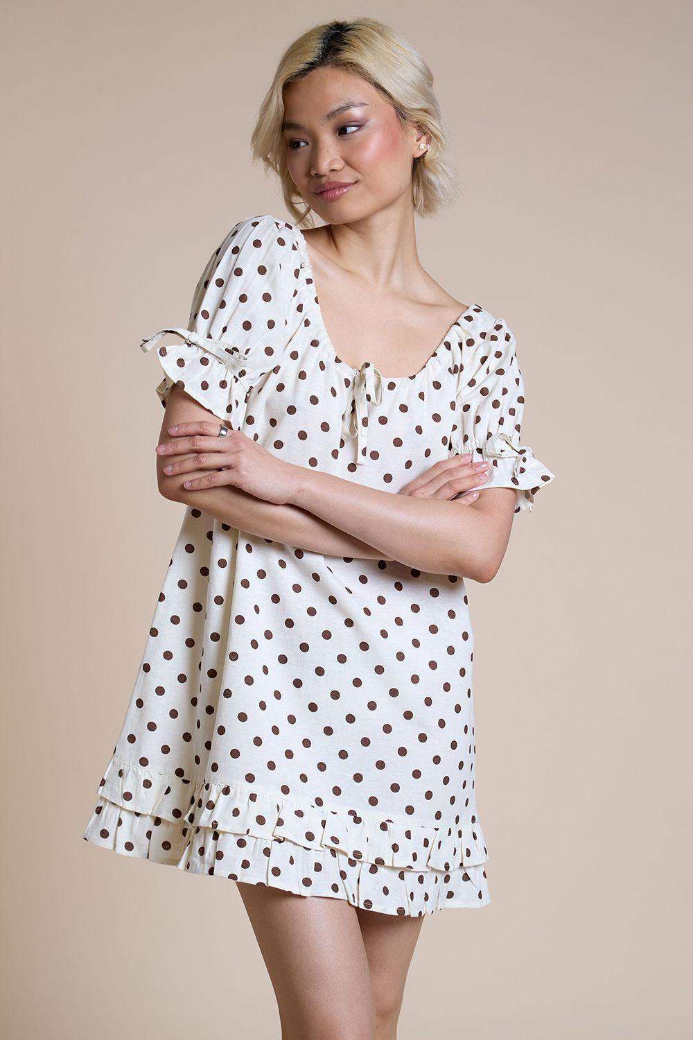 Brown and Cream Polka Dot Mini Dress by NEON ROSE