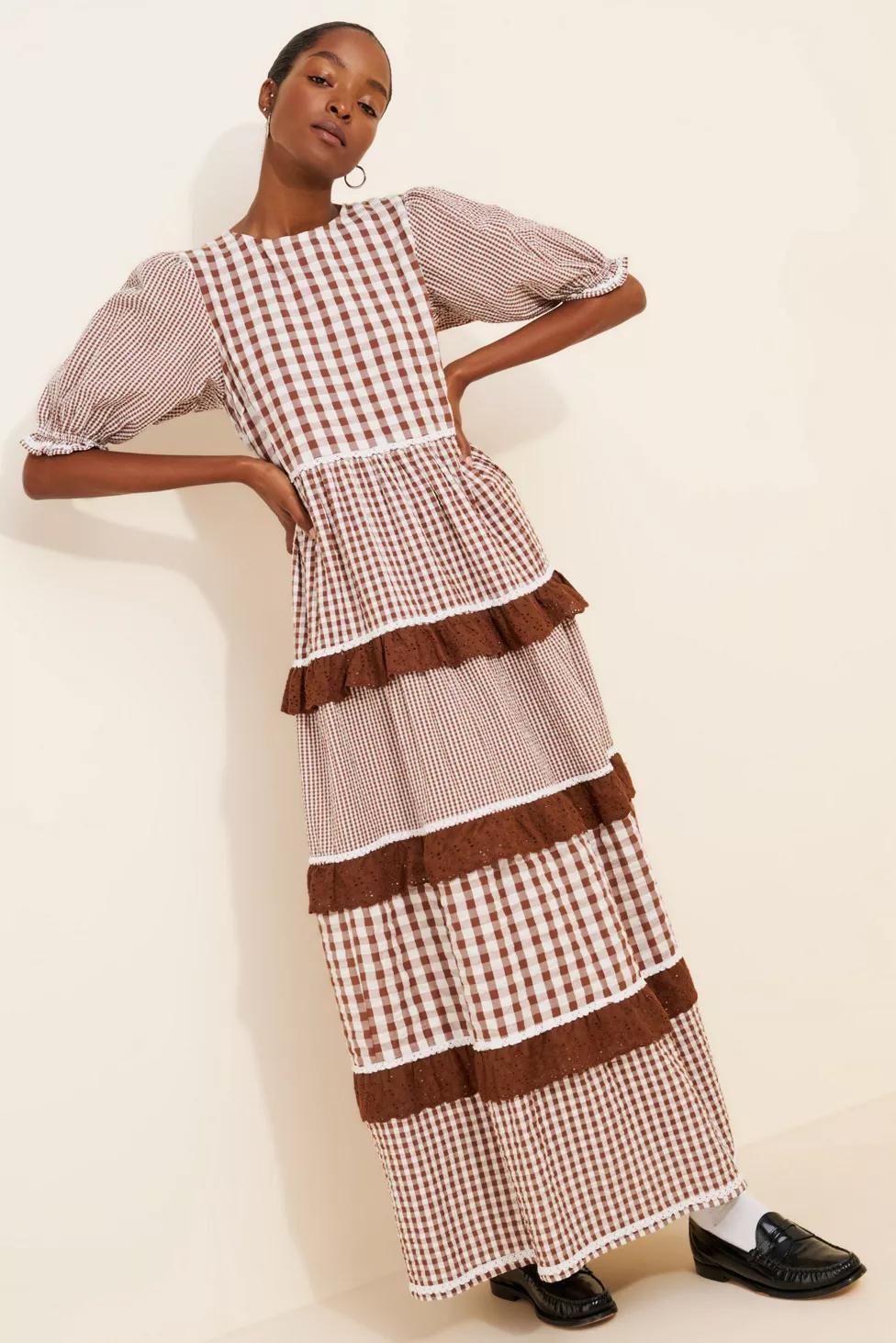 Neon Rose Gingham Tiered Puff Sleeve Maxi Dress by NEON ROSE