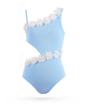 Girls' Asymmetric Side Cut-Out 3D Floral & Pearl Hardware One-Piece Swimsuit - Little Kid by NESSI BYRD
