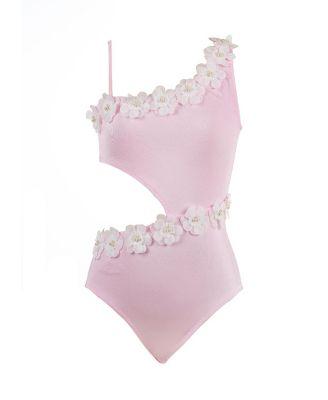 Girls' Asymmetric Side Cut-Out 3D Floral & Pearl Hardware One-Piece Swimsuit - Little Kid by NESSI BYRD