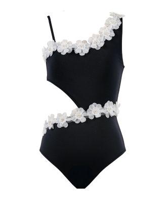 Girls' Asymmetric Side Cut-Out 3D Floral & Pearl Hardware One-Piece Swimsuit - Little Kid by NESSI BYRD