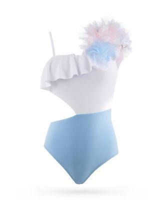 Girls' One Shoulder Cut Out with Handcrafted Tulle Flower Detail One Piece Swimsuit- Little Kid by NESSI BYRD