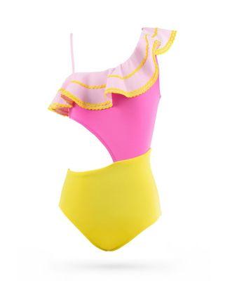 Girls' One-Shoulder Ruffle Cut-Out with Ric-Rac Trim One-Piece Swimsuit - Little Kid by NESSI BYRD