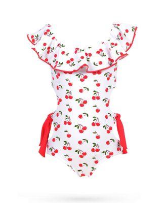 Girls' Ruffled Collar Red Cherry Motif Cut-Out and Side Ties One-Piece Swimsuit - Little Kid by NESSI BYRD