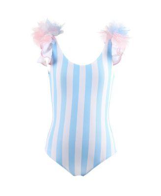 Girls' Striped Tulle Pom-Poms Detail One-Piece Swimsuit - Little Kid by NESSI BYRD