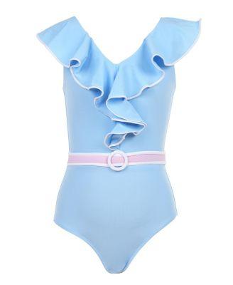 Girls' V-Neck Ruffles and Belted Waist One-Piece Swimsuit- Little Kid by NESSI BYRD