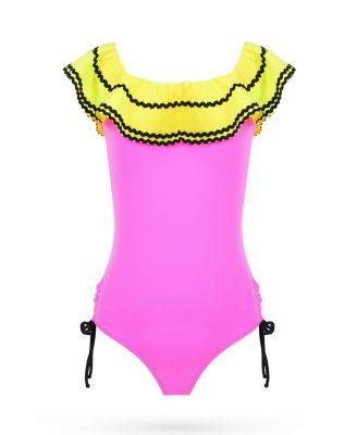 Girls' Vibrant Ruffle Ruched Side Ties One-Piece Swimsuit- Little Kid by NESSI BYRD
