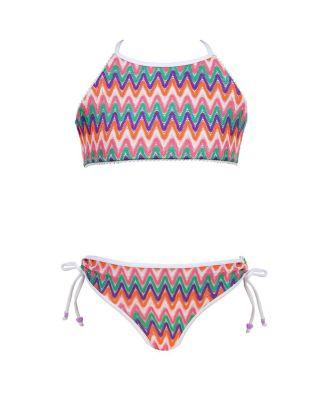 Girls' Zig-Zag Knit with High-Neck Halter and Side-Ties Two-Piece Swimsuit - Little Kid by NESSI BYRD