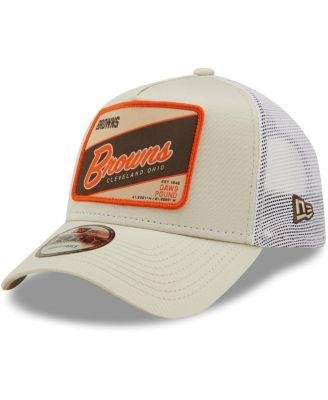 Men's Khaki, White Cleveland Browns Happy Camper A-Frame Trucker 9FORTY Snapback Hat by NEW ERA