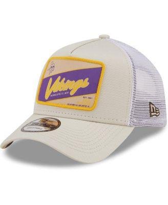 Men's Khaki, White Minnesota Vikings Happy Camper A-Frame Trucker 9FORTY Snapback Hat by NEW ERA