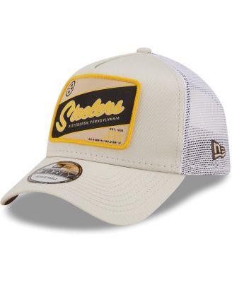 Men's Khaki, White Pittsburgh Steelers Happy Camper A-Frame Trucker 9FORTY Snapback Hat by NEW ERA