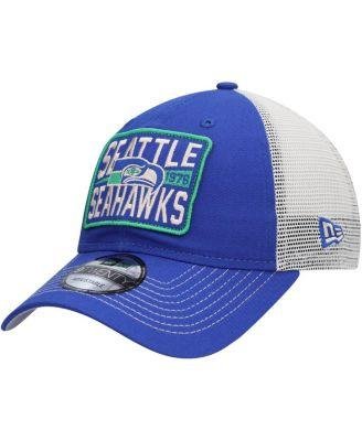 Men's Navy, Natural Seattle Seahawks Historic Logo Devoted Trucker 9TWENTY Snapback Hat by NEW ERA