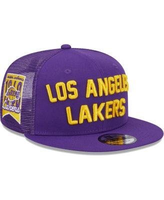 Men's Purple Los Angeles Lakers Stacked Script 9Fifty Trucker Snapback Hat by NEW ERA