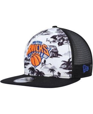 Men's White, Black New York Knicks Tonal Palm Trees Trucker 9FIFTY Snapback Hat by NEW ERA