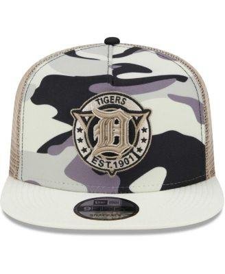 Men's White Detroit Tigers Chrome Camo A-Frame 9FIFTY Trucker Snapback Hat by NEW ERA