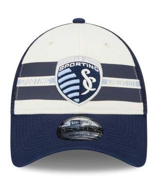 Men's White, Navy Sporting Kansas City Team Stripes 9FORTY Trucker Snapback Hat by NEW ERA