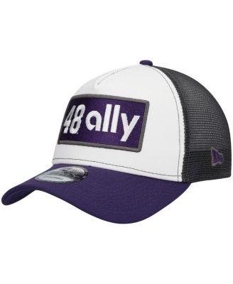 Men's White, Purple Alex Bowman Double Patch 9FORTY A-Frame Trucker Snapback Hat by NEW ERA