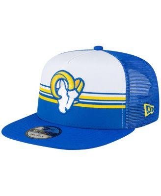 Men's White, Royal Los Angeles Rams Striped A-Frame 9FIFTY Trucker Snapback Hat by NEW ERA