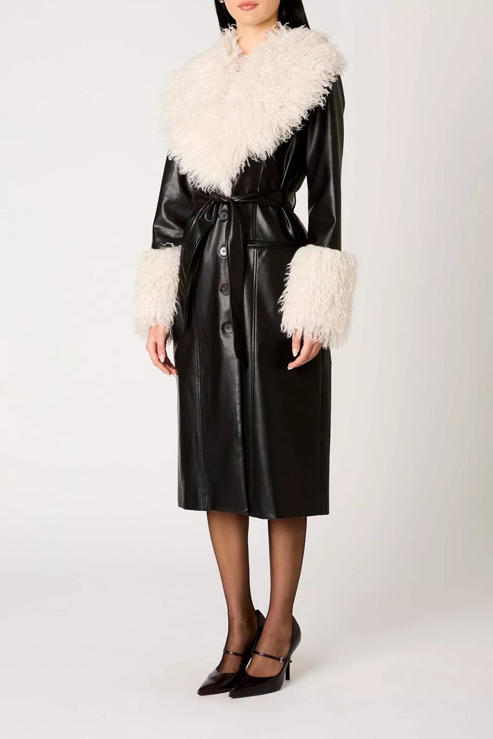 NIA Orla Black Faux Leather Mid-Length Faux Fur Trim Jacket by NIA