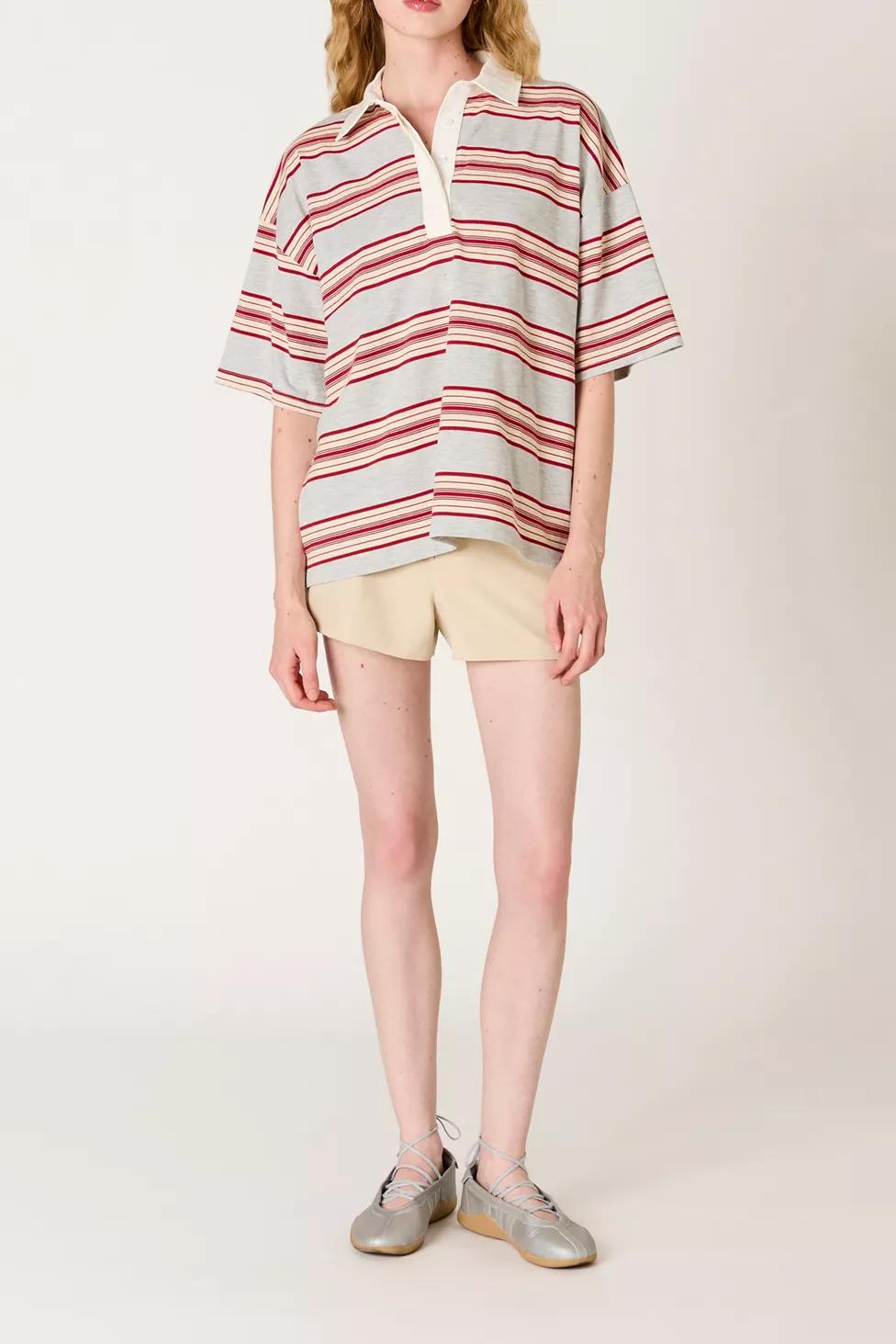 NIA Ronda Grey Striped Oversized Short Sleeve Polo Top by NIA