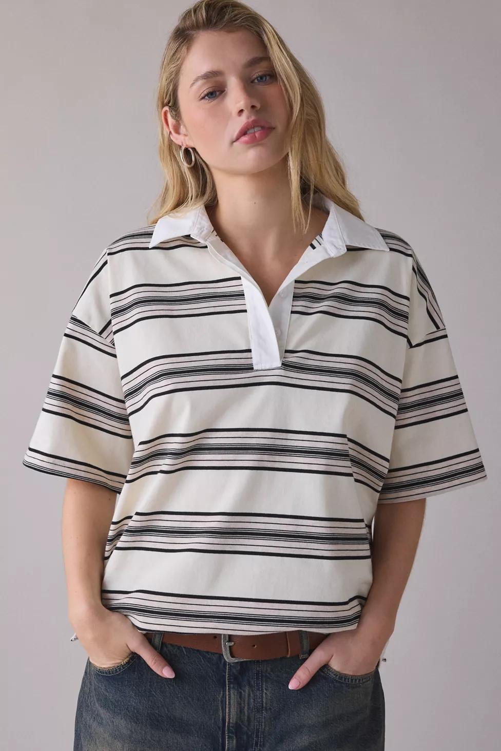 NIA Ronda Oat Striped Oversized Short Sleeve Polo Top by NIA