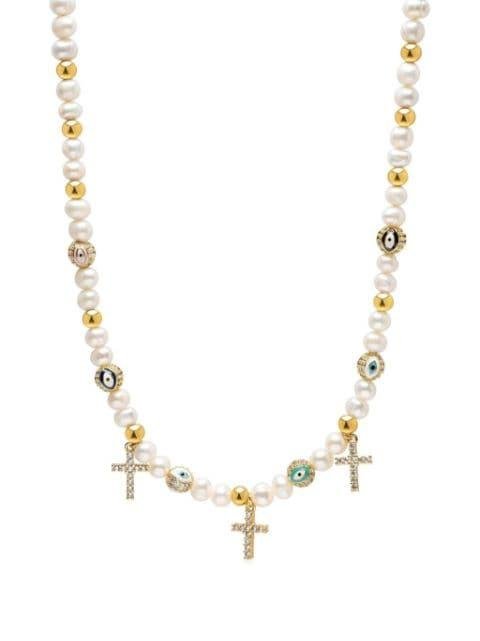Evil Eye and cross beaded necklace by NIALAYA JEWELRY