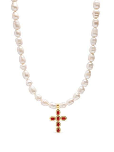 cross-pendant pearl choker by NIALAYA JEWELRY