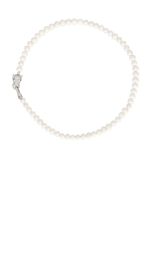 Nialaya Panther Head Lock Pearl Necklace in White by NIALAYA